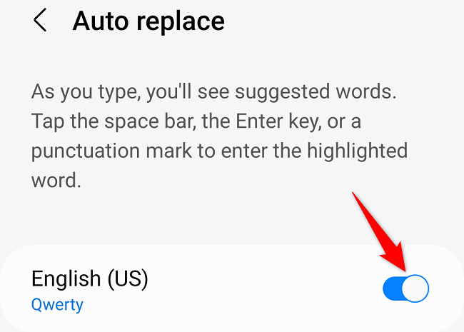 Переключатель для включения функции Автозамена в Samsung Keyboard