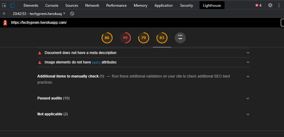 Запуск теста производительности в Lighthouse
