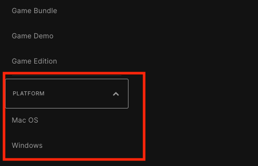 Параметр выбора платформы на странице Epic Games Store