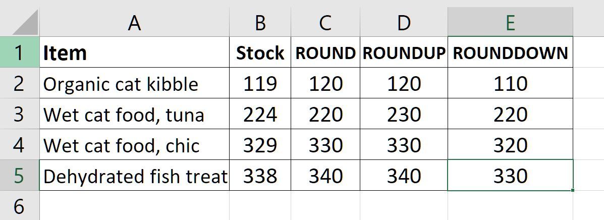 Сравнение результатов функций ROUND, ROUNDUP и ROUNDDOWN при округлении до десятков