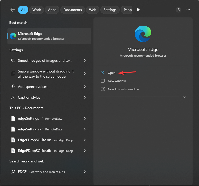 Открытие Microsoft Edge из меню Пуск