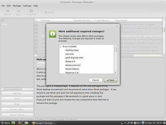 Диалог подтверждения установки зависимостей пакета xfce4
