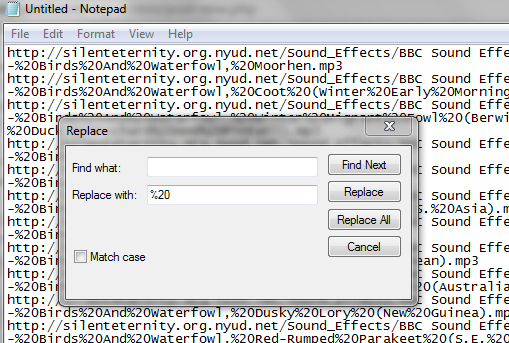 Замена пробелов на %20 в Блокноте