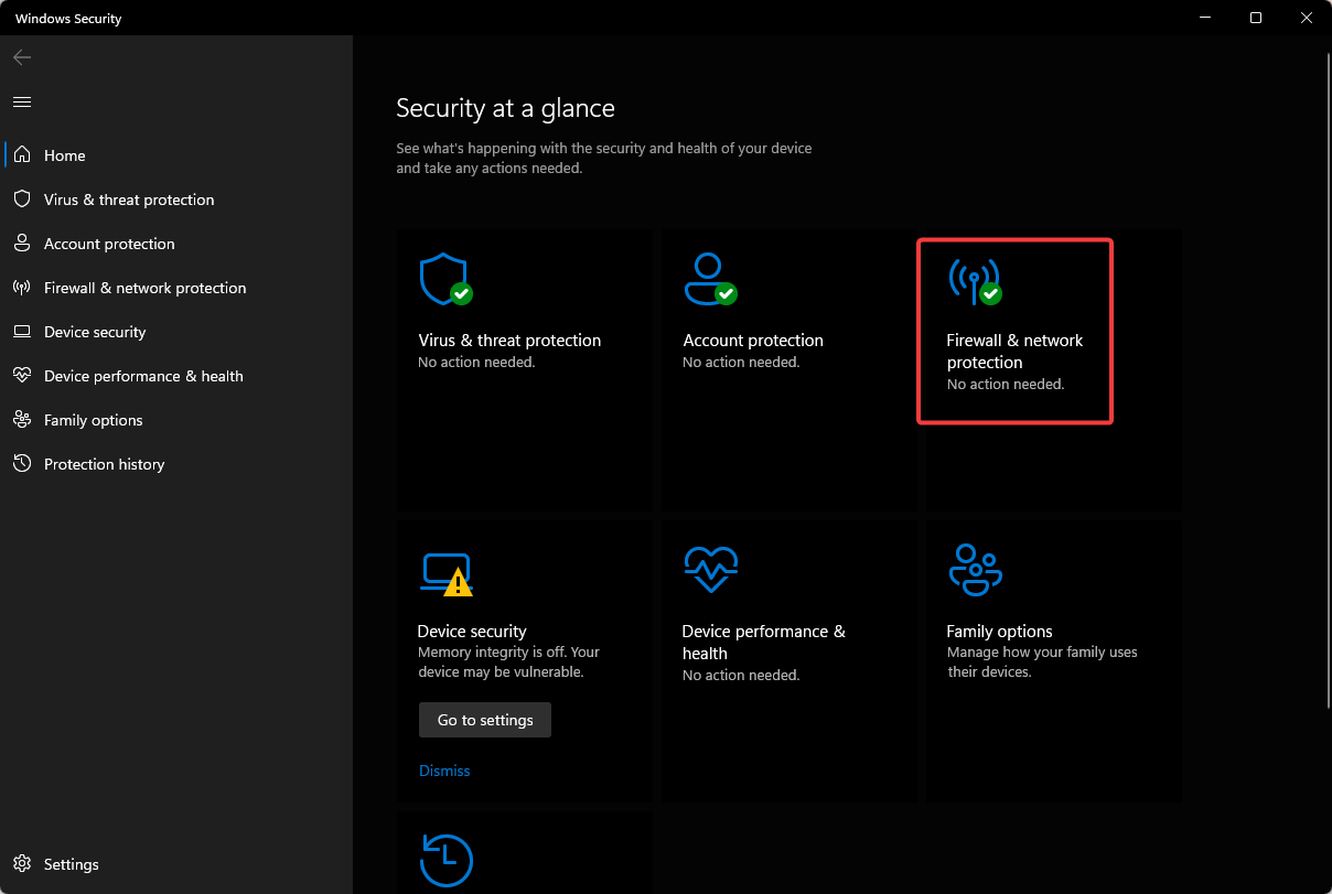 Раздел Брандмауэр и защита сети в Windows