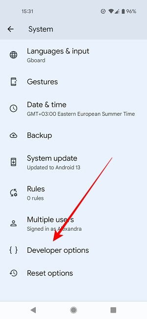 Opciones para desarrolladores en Android, captura de pantalla