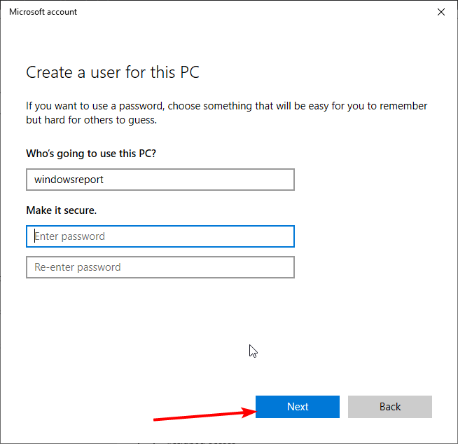 Кнопка 'Далее' при создании локального пользователя