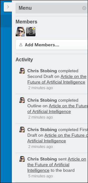 Лента активности доски с действиями команды