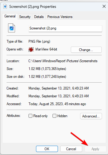 Применить изменения в свойствах файла