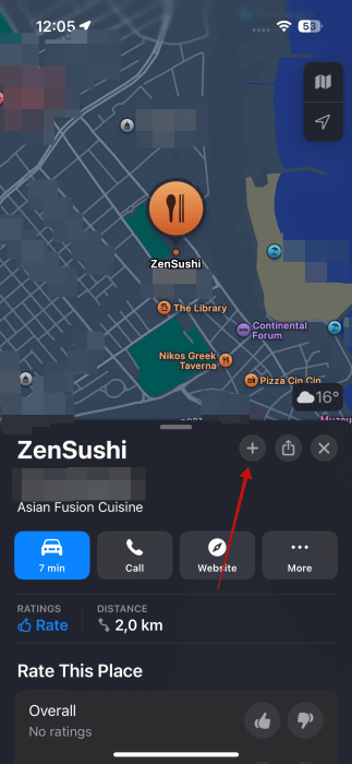 Нажатие на «+» на странице места в Apple Maps.