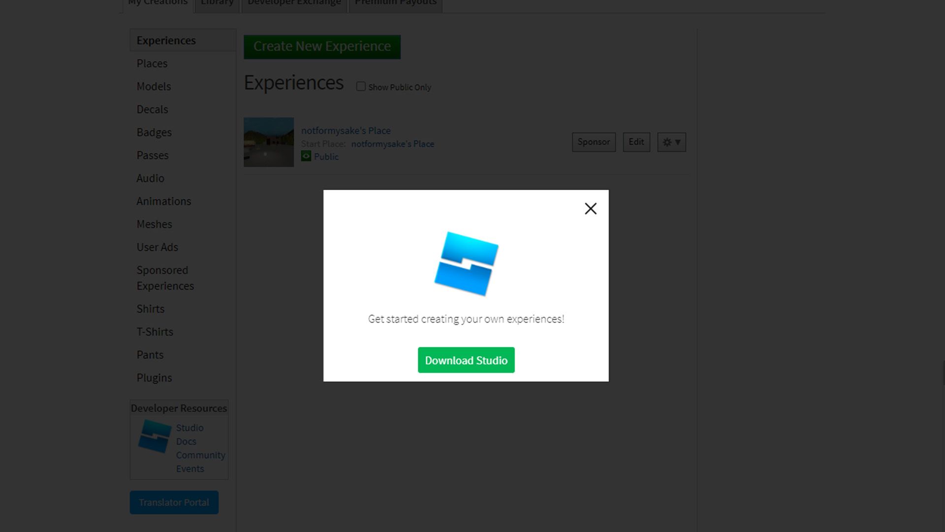 Подсказка загрузки Roblox Studio на сайте Roblox