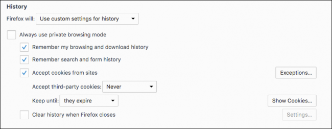 Окно параметров очистки при закрытии: выбор типов данных для удаления