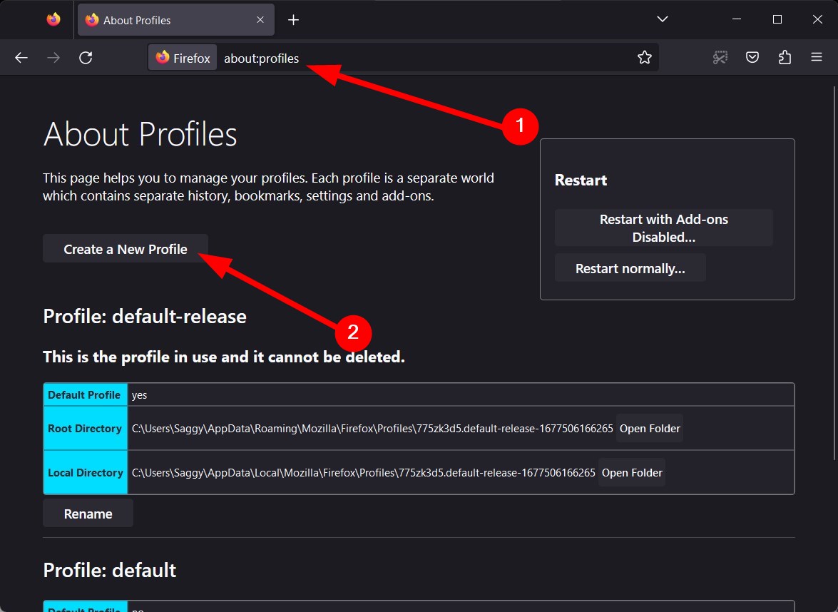 Окно управления профилями Firefox — создание нового профиля