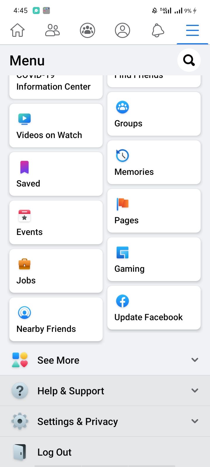Открытое меню Facebook