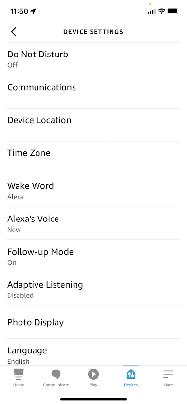 Список настроек Alexa