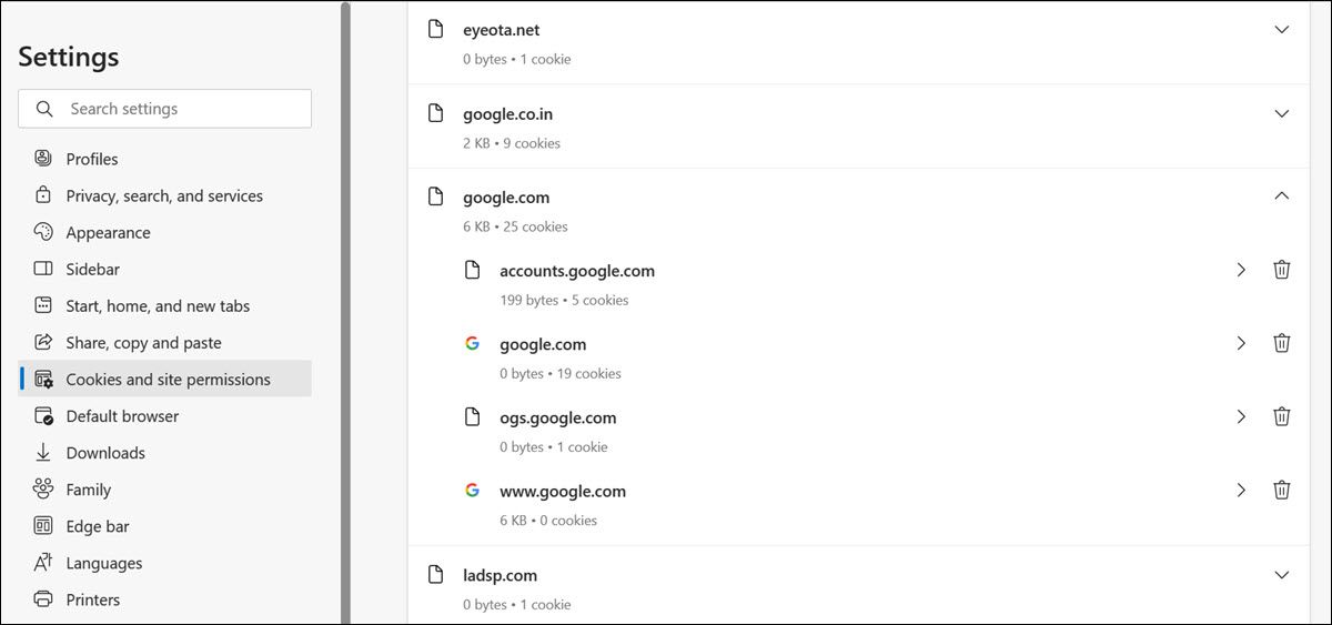 Удаление cookie для конкретного сайта в Edge через значок корзины