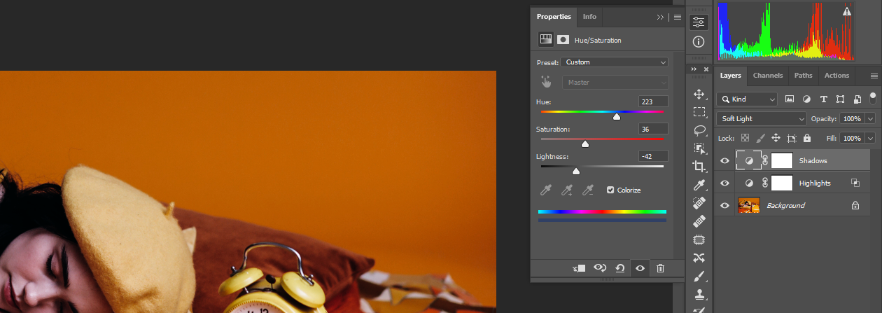Регуляторы Hue/Saturation для Shadows