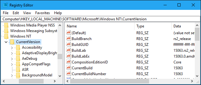 Адресная строка редактора реестра с выделенным ключом CurrentVersion