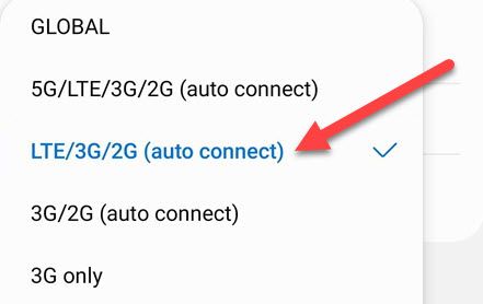 Выбор LTE вместо 5G в списке режимов сети