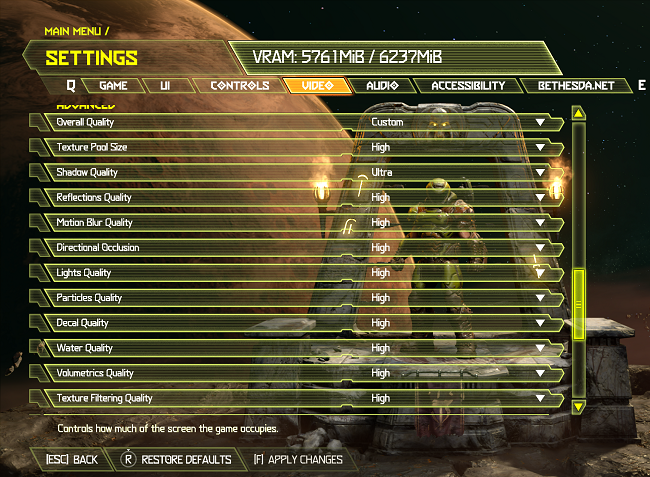 Страница настроек игры (Doom Eternal)