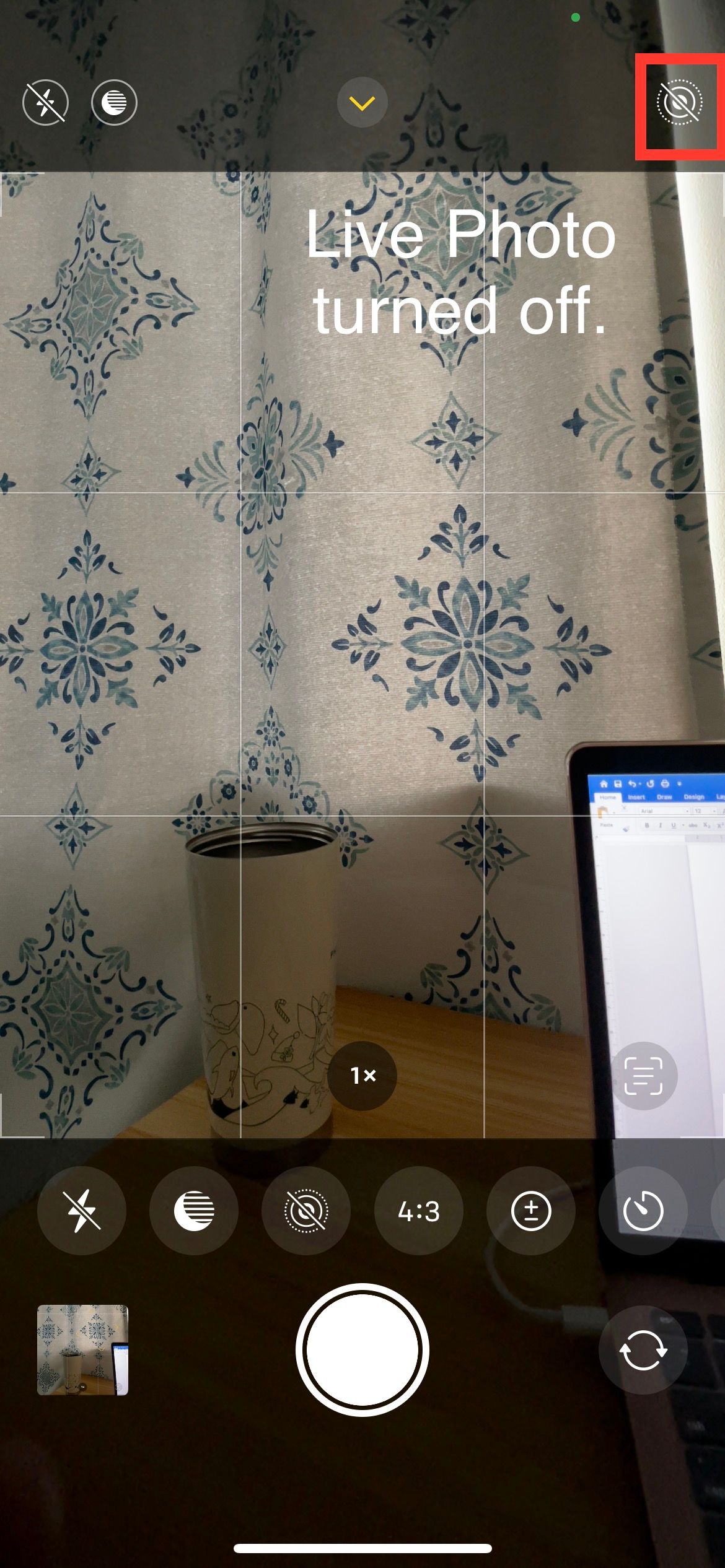 Кнопка Live Photo в камере — выключено