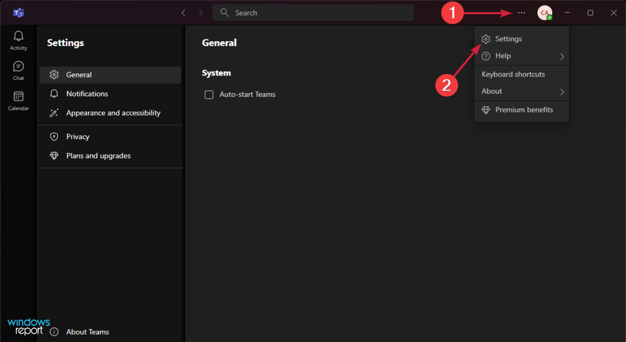 Меню настроек Microsoft Teams с тремя точками