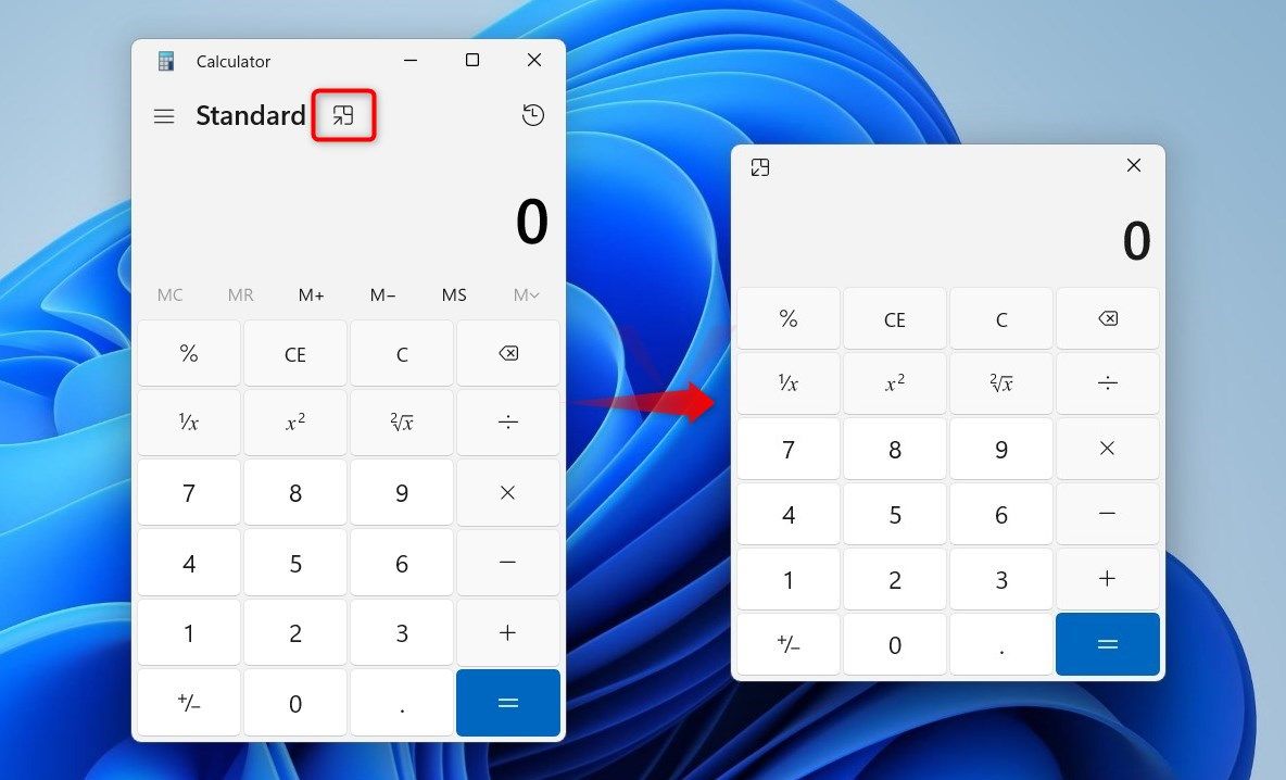 Иконка «Всегда поверх» в приложении Калькулятор Windows