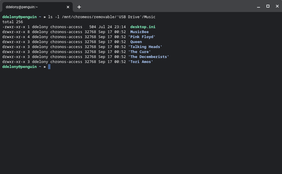 Вывод списка файлов с USB-накопителя в Linux на Chromebook