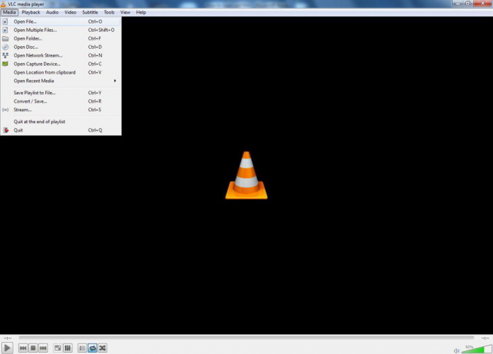 Открыть файл в VLC через меню Media