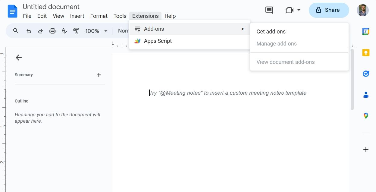 Опция «Установить дополнения» в меню Google Docs