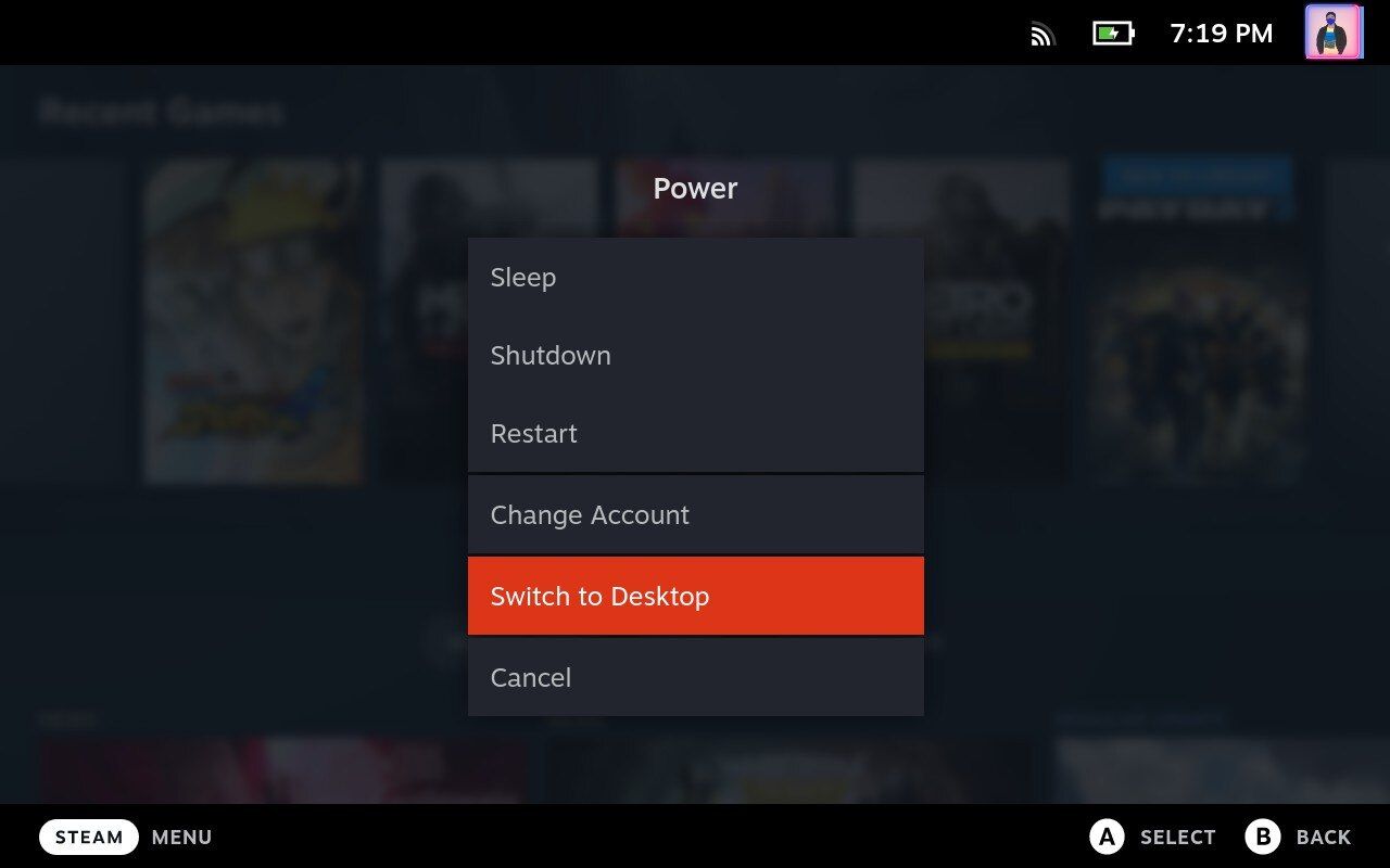 Меню питания на Steam Deck