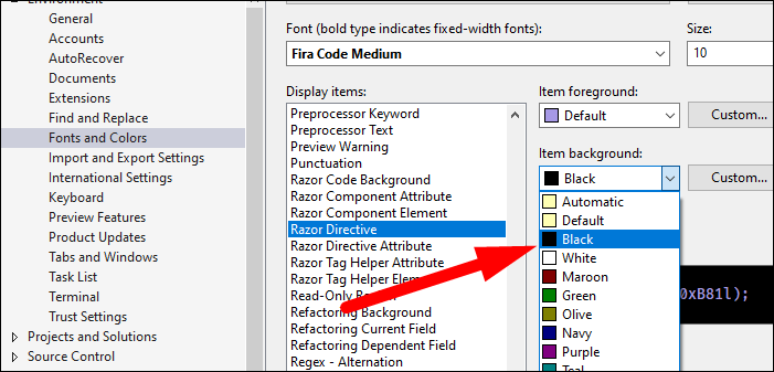 Настройка шрифтов и цветов Razor Directive
