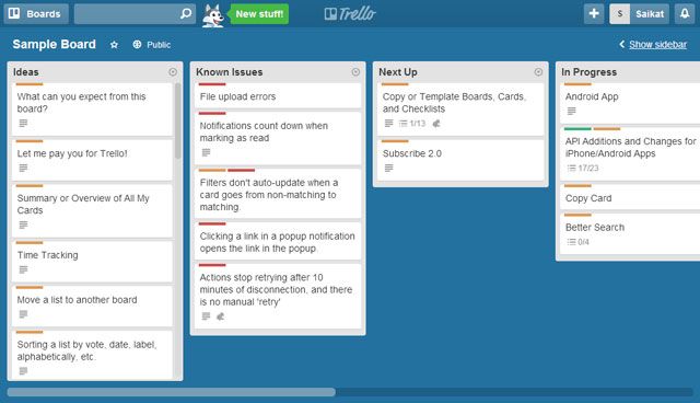 Образец доски Trello для проекта