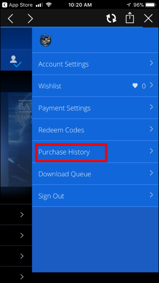 История покупок в мобильном приложении PlayStation