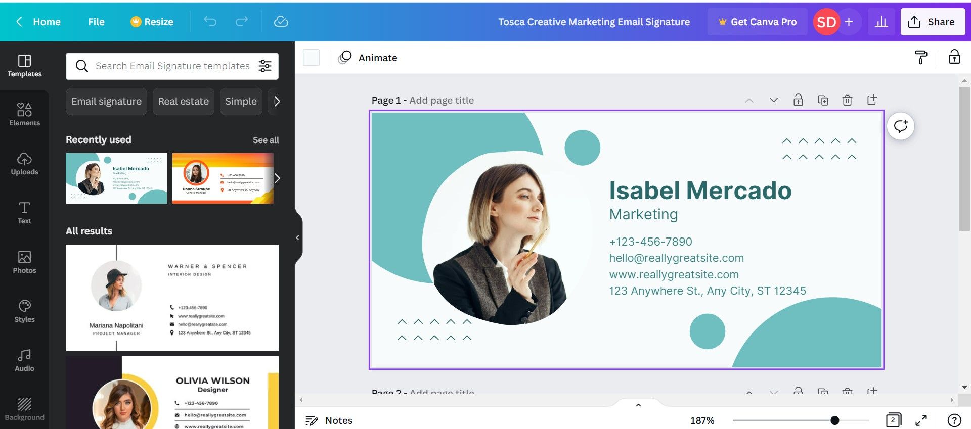 Холст Canva с выбранным шаблоном подписи