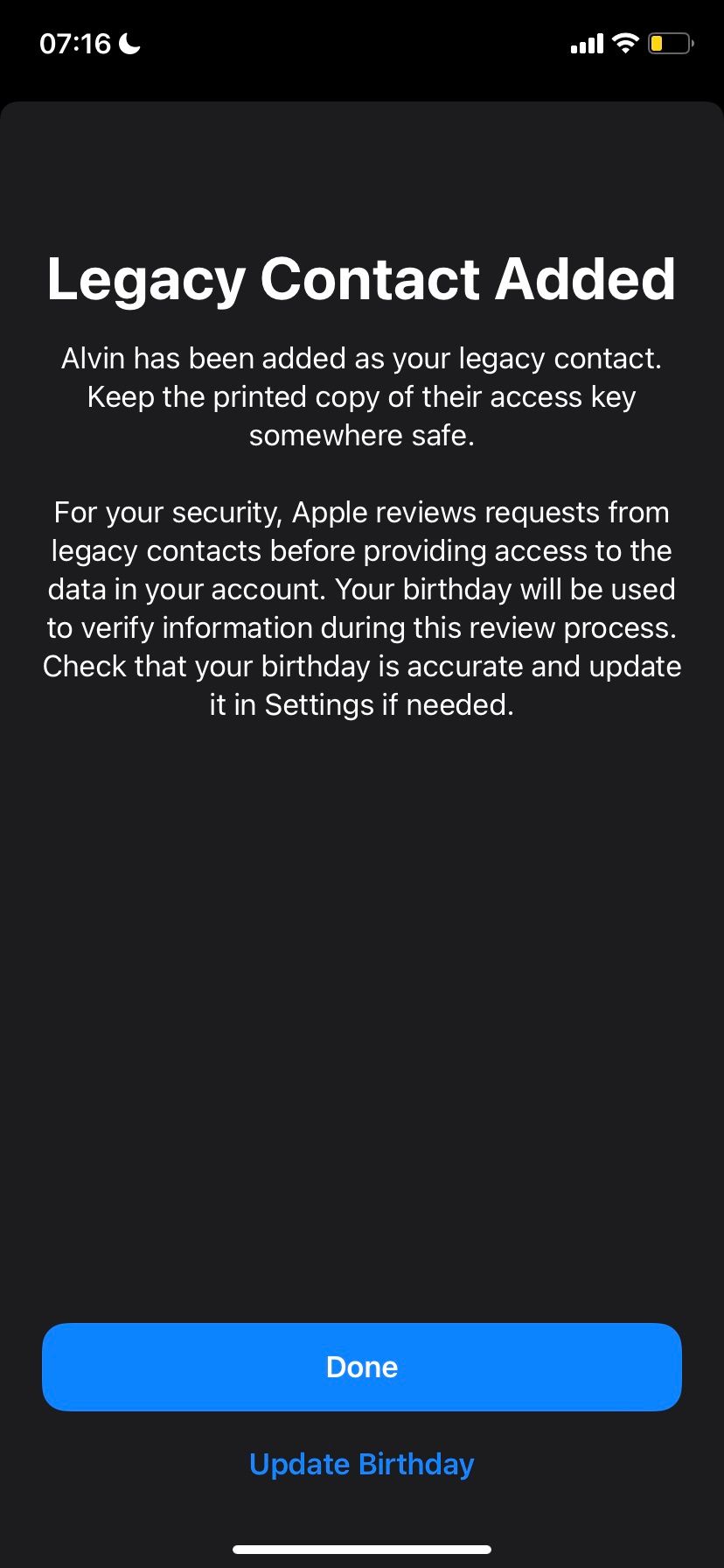 Сообщение подтверждения об добавлении наследника
