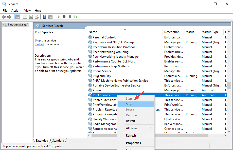 Остановить службу диспетчера очереди печати