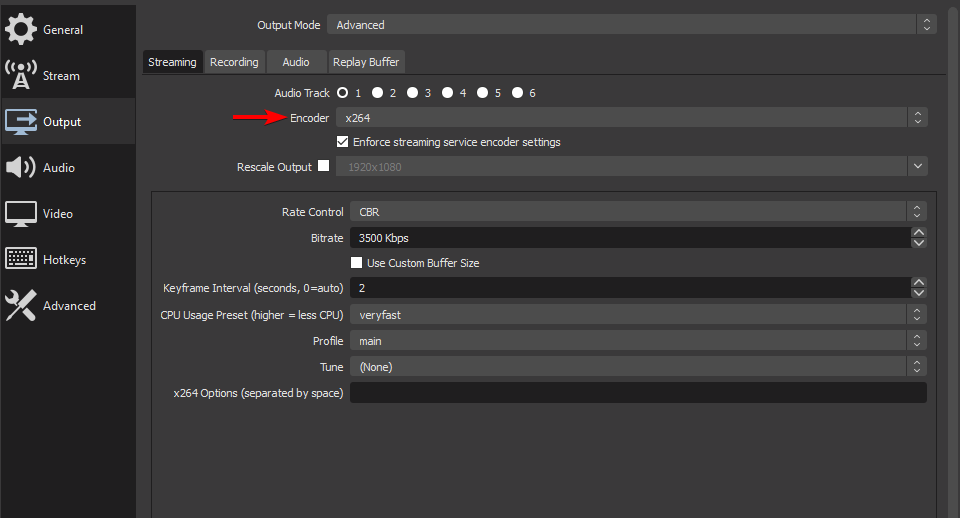 Выбор кодека H264 в OBS