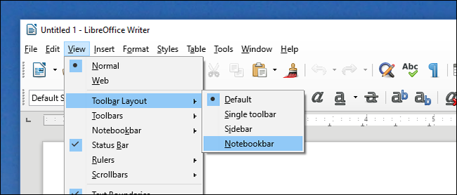 Пункт меню Вид для выбора макета панелей инструментов и Notebookbar