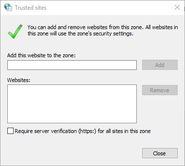 Окно добавления надежных сайтов в Internet Explorer