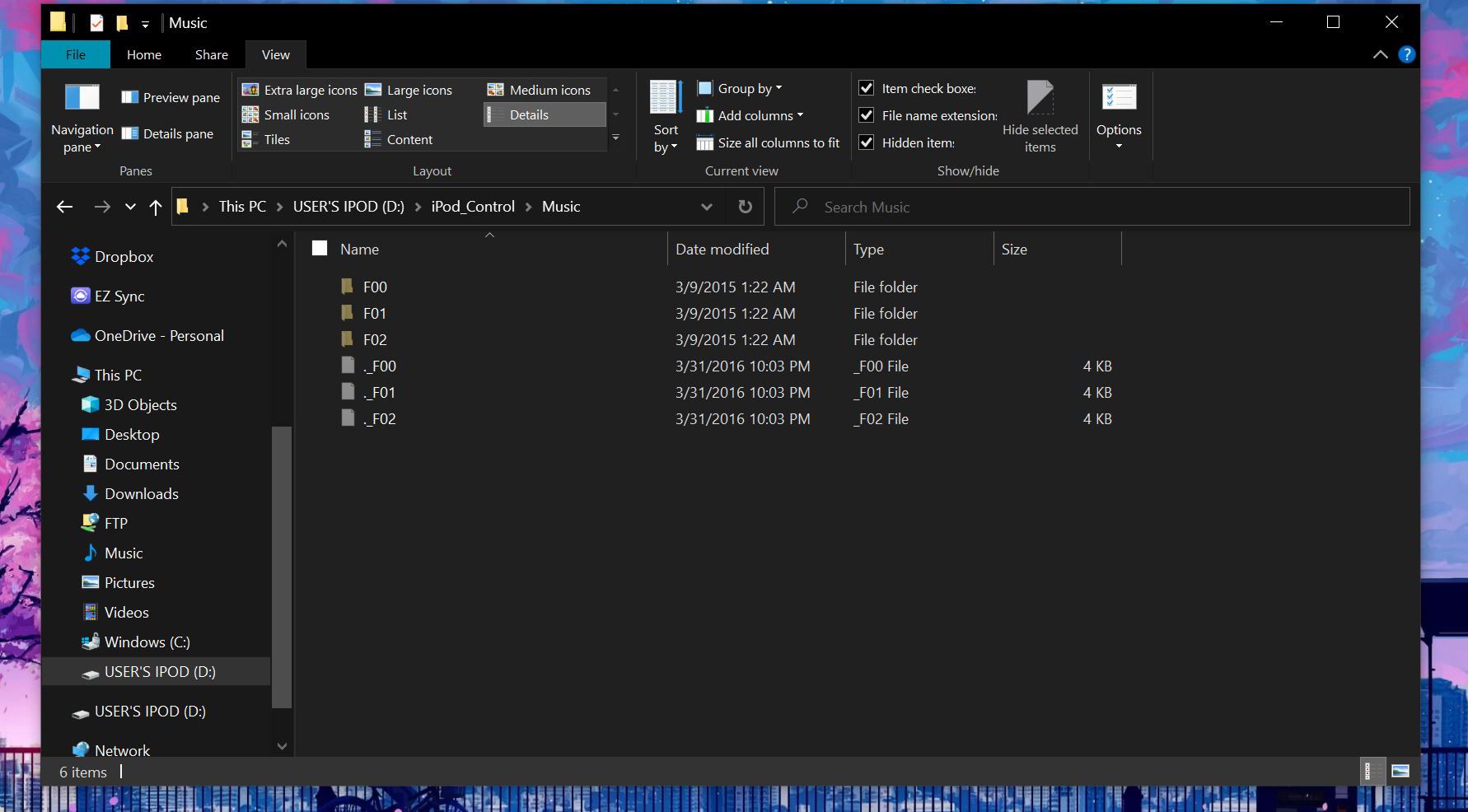 Пример скрытых музыкальных папок iPod Nano в Проводнике Windows