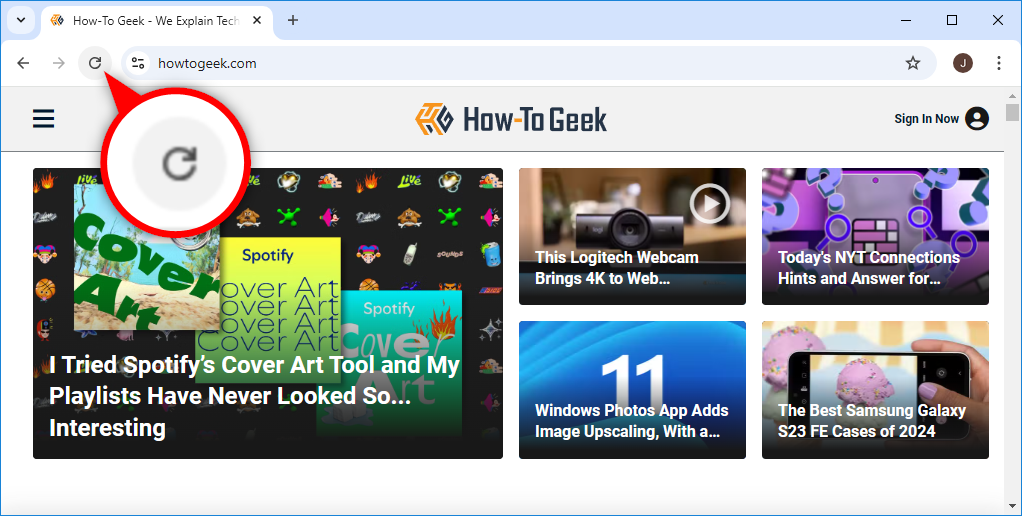 Окно Chrome с увеличенной кнопкой обновления