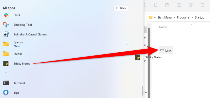Перетащите ярлык Sticky Notes в папку автозагрузки