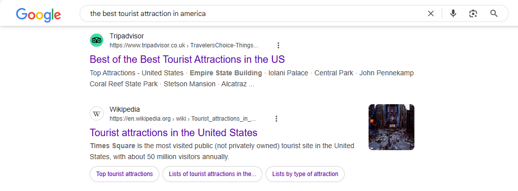 Результат поиска Google для 'the best tourist attraction in America'
