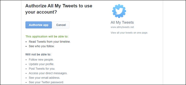 Окно авторизации приложения для доступа к аккаунту Twitter