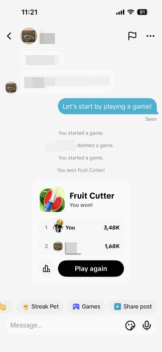 Tabla de puntuaciones compartida en el chat del juego