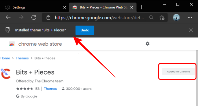 Уведомление о добавленной теме в Edge после установки из Chrome Web Store