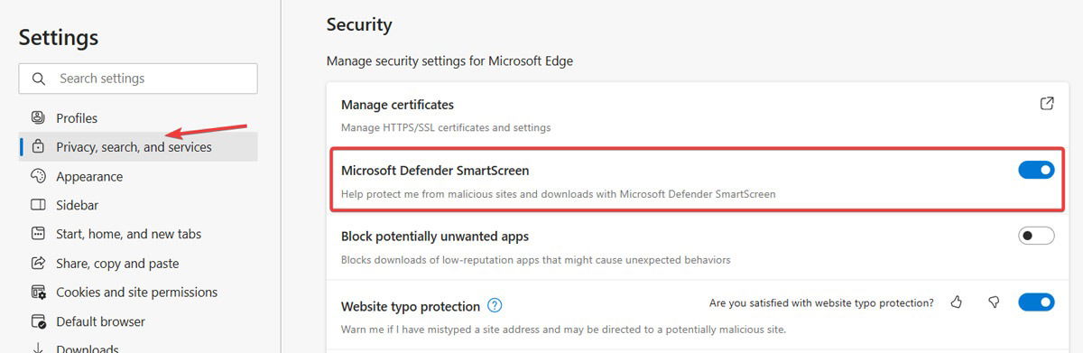 Параметры безопасности в Microsoft Edge