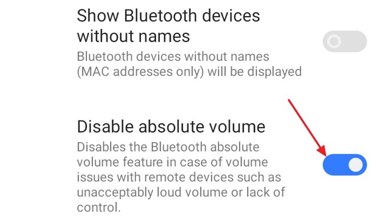 переключатель Disable absolute volume в окне Параметров разработчика