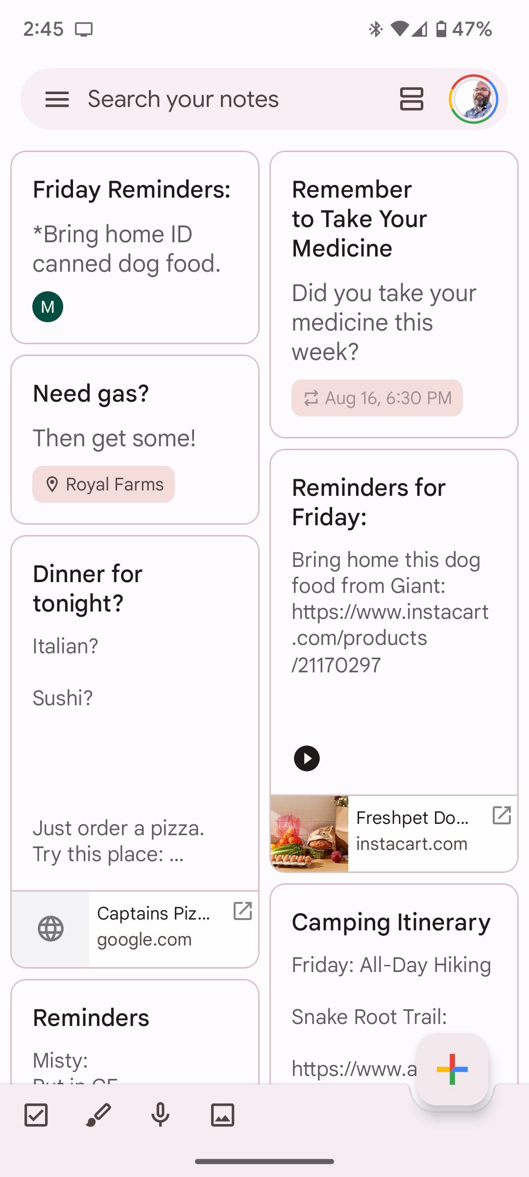 Главный экран Google Keep