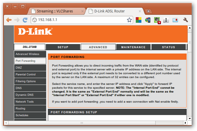 Панель проброса портов роутера DLink